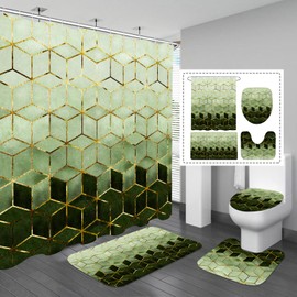 Gibelle 4 Pcs Bathroom Shower Curtain Set with Non-Slip Rugs, Toilet Lid Cover and Bath Mat, Emerald Green Gradient Gold Lines Luxury Bathroom Decor Set with Shower Curtain and Rugs and Accessories