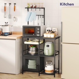 SWTYMIKI Bakers Rack with Storage - Coffee Bar Cabinet Organizer with 8 Hooks, Shelves & Cabinet Door, Coffee Station for Kitchen Dining Room, Microwave Stand with Adjustable Feet, Black