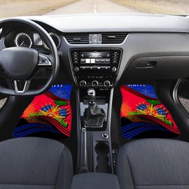 Auto Floor Mat Set of 4, Haitian Flag Pattern Car Front & Back Floor Carpet Non Slip Anti Dirty Foot Pad Rug Automotive Accessories