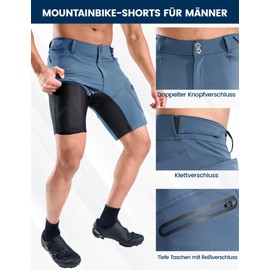 Nepest Mountain Bike Shorts Men's Short MTB Shorts Padded 3D Cycling Shorts Loose with Zip Pocket Bike Shorts Breathable, Dusty blue, L