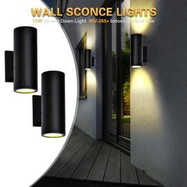 INTWELL LED 20W Up Down Wall Lights,Outdoor LED Wall Lamp,Waterproof 90V-265V Hardwire Wall Lighting for Porch,Gallery,Garage,Hallway,Corridor 3000k 2Pack (Black(Warm White))