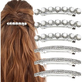6 PACK Rhinestone Bling Hair Clip, Sparkly Crystal Wedding Hair Barrettes, Pearl Metal Spring Hair Grip Clips, Two Row Rhinestone Ponytail Hair Clips Hair Accessories for Women Girls (Style1, One size)