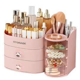 Makeup Organizer Countertop with Drawers, Make up Organizers for Vanity, Skincare Jewelry Earring Organizers, Cosmetic Display Cases Makeup Storage for Bedroom & Bathroom, Ideal Gifts for Women(Pink)