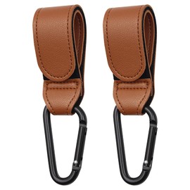 Pram Hook for Bags - Universal Pram Accessories, Pram Bag Holder Made of Leather, 5 kg Load Capacity per Carabiner, Pack of 2 (Brown)
