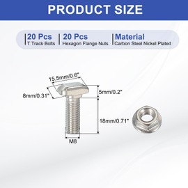 PATIKIL M8x20mm T-Slot Bolts, 20 Sets Hex Flange Nut T-Bolt Stud Sliding Screw with Hammered Head, for 30 Series Aluminum Extrusion Profiles, Silver