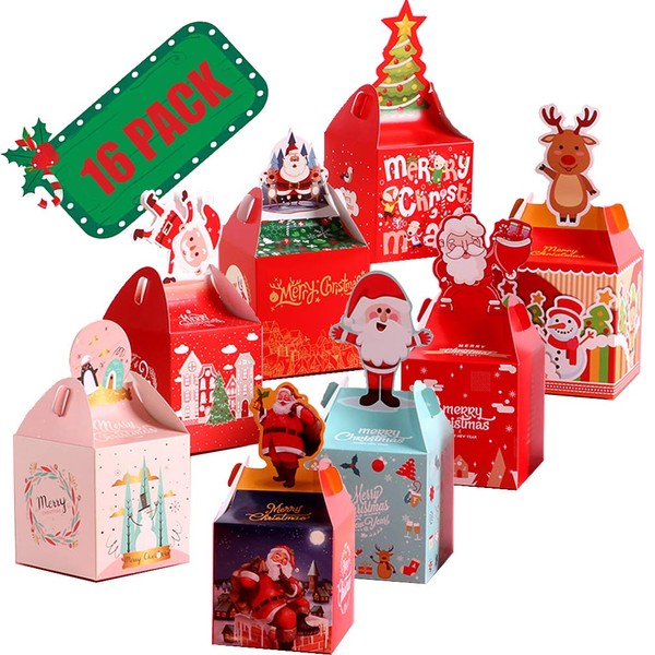 16 Pack 3D Small Christmas Boxes Goody Candy Cookie Paper Treat Box Party Favor Bags for Holiday Xmas
