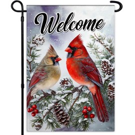 Welcome Winter Cardinal Garden Flags for Outside 12×18 Inch Double Sided Xmas Cardinal Garden Flags with Red Bird Pine Twigs Berry for Outdoor Yard Lawn Garden Sign Merry Christams Decoration