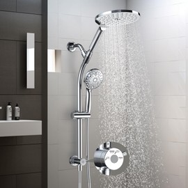 Combo de cabezal de ducha de 3 vías de alta presión con barra deslizante ajustable de acero inoxidable sin taladro de 26 pulgadas, cabezal de ducha de mano de 10 modos y cabezal de ducha de lluvia de