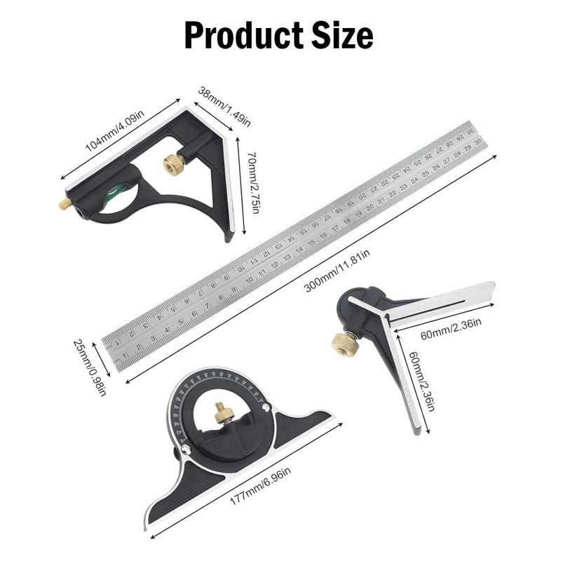 HYSHLC Combination Square 300 mm Set Carpenter's Angle Adjustable Protractor