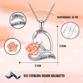 SWEETIME Women's Rose Necklace Women's 925 Sterling Silver Heart Rose Necklace, Jewellery Gift for Women, Girlfriend, Mum for Birthday, Christmas, Valentine's Day, Mother's Day, Wedding Anniversary,