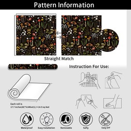 17.7"x118" 3D Black Mushroom Wallpaper Boho Fairy Flower Forest Wallpaper Self Adhesive Snails Butterfly Botanical Contact Paper Wall Paper Murals for Bedroom Living Room TV Sofa Background Home