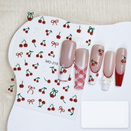2 Sheets Cherry Nail Art Stickers Cherry Nail Stickers Trendy 5D Rhinestones Art Sticker Decals Fruit Self-Adhesive French Tip Nails DIY Manicure (Cherry, H)