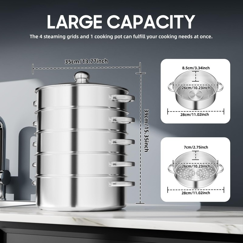 XUANIIIL 5 Tier Steamer 11 Inch Stainless Steel Steam Cooker