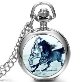 JewelryWe Mother's Day Gift Retro Pocket Watch with Chain Women Men Analogue Quartz Chain Watch Vintage Watch Pendant with Necklace Gift for Women Men, silver horses, Christmas Day, birthday