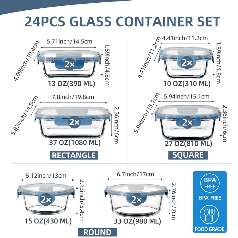 UMEIED 12 PACK Glass Food Storage Containers with Leak Proof