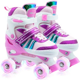 WELLWON Kids Roller Skates for Girls and Boys, Adjustable Roller Skate with Light up Wheels Ages 6-12 for Beginner in Outdoor Indoor Sports