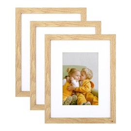 8x10 Picture Frame Set of 3, Natural Wood Photo Frame Display Pictures 5x7 with Mat or 8x10 without Mat with Plexiglass for High Definition Wall Mounting and Tabletop Horizontal or Vertical Display