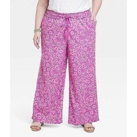 Knox Rose NWT Women's 4XL Knox Rose Relaxed Fit Wide Leg Pants Magenta Linen Feel Paisley