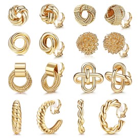 Kakonia 8 Pairs Clip On Earrings for Women Clip On Hoop Earrings Clip On Stud Earrings Twist Chunky Hoop Earrings Non Pierced Fake Earrings Set