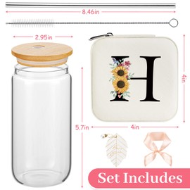AYGXU Birthday Gifts for Women,Initial Glass Cup,Cute Tumbler Cup,bamboo lids for glass cups,Travel Jewelry Organizer,Teen Girls Gifts for Teenage Girls Birthday,Initial H white