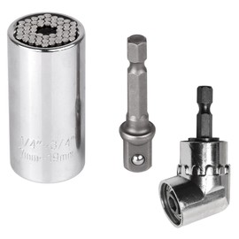 DFsucces Universal Socket & L Shape Socket Wrench 3-Piece Set, Fits 7-19mm (1/4-3/4 inch) Universal Socket, Built in 54 Steel Pins, Multi-functional, 3/8-Inch, DIY Drill Adapter Included, Work Tool