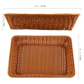 HEIHAK 3 PCS 16 Inch Poly-Wicker Bread Baskets, Woven Tabletop Food Serving Basket Organizer Tray, Rectangular Imitation Rattan Fruit Vegetable Basket for Home, Hotel, Party, Picnic, Brown