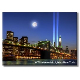 Brooklyn Bridge and Tribute in Light Magnet – 3.5x2.5 Inch NYC Night Skyline with Full Moon – Glossy Metal Memorial Fridge Magnet by ArtMalore
