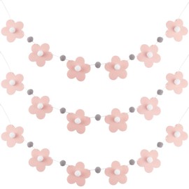 CRASPIRE Pink Flower Felt Garland 3D Back to School Banner Grey Pom Ball Hanging Bunting Needle Pre Punched Welcome First Day of Classroom Decor Reusable Home Wall Party Teacher Office Decoration 3Pcs