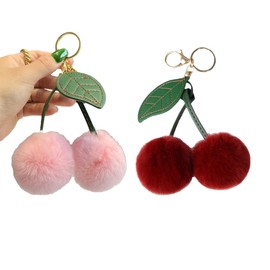 klahh 2Pcs Keychain Cute Cherry Keychain Cherry Bag Charm Wallet Pendants Key Chain Cherry Bag Charms Fluffy Accessories for Handbags Purses Bags