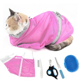 MSMUOEZ Adjustable Multifunctional Anti-Bite Shower net Bag，Cat Grooming Mesh Bag, Cat Bathing Bag，Cat Bath Brush and Cat Nail Clipper (A-Pink)