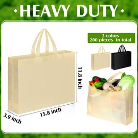 Silkfly 200 Pieces Non Woven Tote Bag Bulk Large Reusable Shopping Bag Gift Grocery Bags with Handles Fabric Blank Tote Bag(Black, Beige)