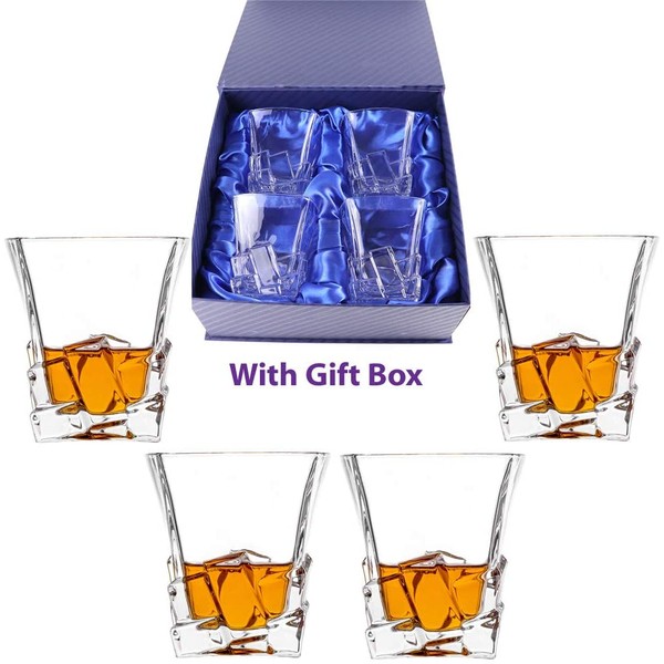 Amlong Crystal Lead-Free Double Old Fashioned Crystal Whiskey Glass - Rock Stylish Design – Perfect for Scotch, Bourbon, Cognac and Cocktail Glasses, 10 Ounce, Set of 4 With Gift Box