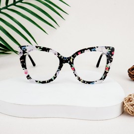 Zeelool Cat Eye Blue Light Glasses for Women Chic Oversized Floral Eyeglasses Anti Blue Light Full Eyewear Glasses JGX674221-01B