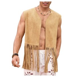 BEAUDRM Men's Fringe Suede Vest Boho Tassel Open Front Sleeveless Western Jacket Outerwear 70s Outfits Khaki X-Large