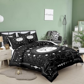 NINENINE Sun and Moon Comforter Set Twin Size for Adult Women Teens,Black and White Boho Exotic Style Bedding,Bohemian Mandala Mushroom Bed Set with 1 Comforter 1Pillowcase
