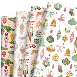 JarThenaAMCS 12 Sheets Christmas Wrapping Paper -Not Roll- Xmas Ball Nutcracker Gift Wrap Paper Folded Flat Pink Green Craft Paper for Home Party Supplies, 19.7 x 27.6 Inch