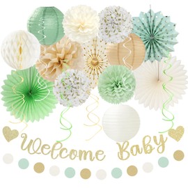 Sage-Green Champagne-Beige Baby Shower Party-Decorations - 21pcs Girls Boy Welcome Baby Banner,Paper Lanterns Pom Poms,Safari Woodland Boho Neutral Streamers Garland Decor Favors Huglony