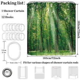 Simpomsy Green Forest Shower Curtain, Green Jungle Tall Trees Sunshine Shower Curtains, Nature Landscape 3D Scenery Bathroom Curtains, Waterproof Fabric Bathroom Decor Set with Hooks 200x180cm