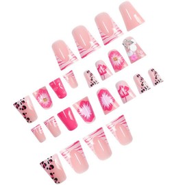 24Pcs Pink Duck Press on Nails Long Fake Nails Leopard French Tip False Nails with Flower, Butterfly Designs Long Acrylic Nails Press ons Artificial Nails Spring Summer Stick on Nails for Women