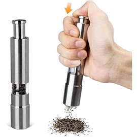 Stainless Steel Glass Body Salt and Pepper Grinder, Thumb press Hand Grinder with Adjustable Ceramic Mechanism - Tall Salt Grinders and Pepper Mill Crusher Pump Shaker (1-Pc.)