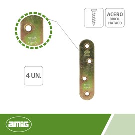 Amig Pack of 4 Bichromatised Steel Reinforced Plates Model 2 Flat for Mounting or Mounting Wooden Furniture Dimensions 80 x 19 x 2 mm Round Edge