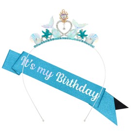 ANBALA Mermaid Birthday Decorations Birthday Crown and Sash Blue Birthday Headbands Mermaid Crown for Girls, Party Outfit, Ocean Mermaid Theme Birthday Party Gifts