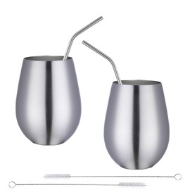 Buyer Star 17 oz Stainless Steel Stemless Wine Glasses Set of 2, with 2 Reusable Straws and 2 Cleaning Brush, stainless steel wine tumbler for the Outdoor, Pool, Camping, Cookouts, Travel (Silver)