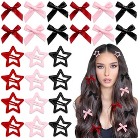 YAEISM 24PCS Pink Hair Bow Metal Star Hair Clips Satin Bow Hair Clips Coquette Red Hair Bows Y2K Hair Accessories for Women Girls