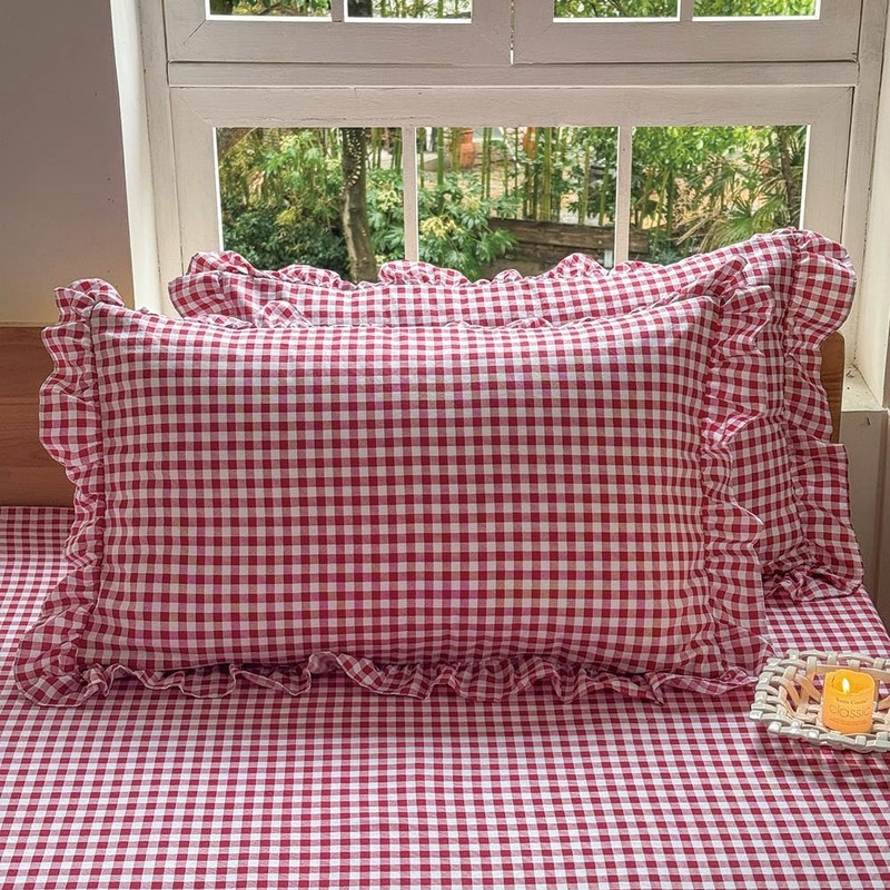 NSNLGSGC Red Ruffled Plaid Gingham Standard Size Pillow Shams 20"x26",