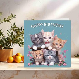 Cute Birthday Card - Cat Kittens Adorable Birthday Card for Mum 145mm x 145mm