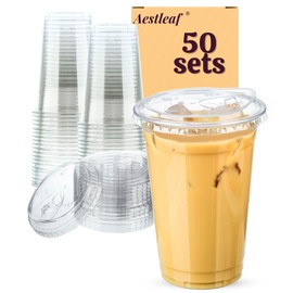 Aestleaf Clear Plastic Cups with Sip-Lids, 20 oz 50 Sets Disposable Coffee Cups Plastic Iced Coffee Cups with Strawless Lids, To Go Coffee Cups for Smoothie, Milkshake, Cold Drinks