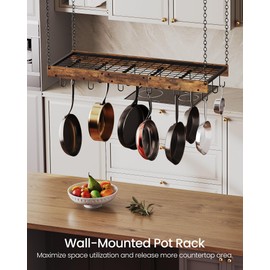 CHOEZON Hanging Pot Rack, Ceiling Wall Mounted Pot Rack for Kitchen, Industrial Style Pot Hanger with 18 Hooks, Cookware Storage Organizer, for Pots and Pans, Rustic Brown and Black TPR12BFC1