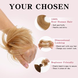 TESSHAIR Human Hair Messy Bun Hair Piece Scrunchie Dark Blonde Hair Pieces for Updos Style Natural Wavy Hair Extension Scrunchie 100% Real Human Hair Updo Hair Pieces for Women Girls