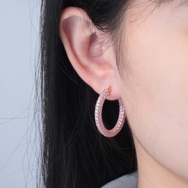 CiNily Hoop Earrings for Women Hypoallergenic,14K Rose Gold Plated 925 Sterling Silver Post Lightweight Pink Crystal Cubic Zirconia Chunky Open Hoops Jewelry 1.2"